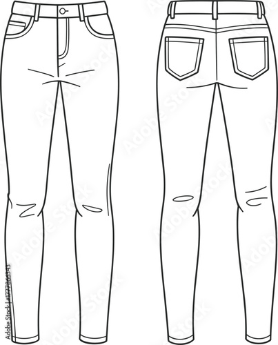 Skinny jeans technical flat, denim pants fashion sketch, women’s fitted trousers template, clothing design illustration, stylish jeans front and back view