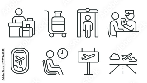 Airport travel icons: security check, boarding, flight departure, arrivals, luggage, airplane window
