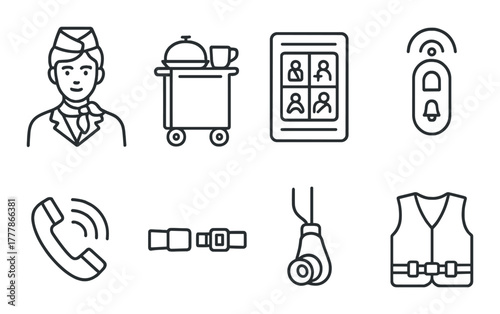 Airline service icons: flight attendant, meal cart, in-flight entertainment, safety features