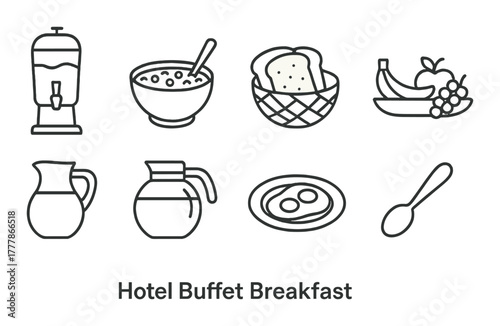 Hotel buffet breakfast icons: juice, cereal, toast, fruit, pitcher, coffee, eggs, spoon