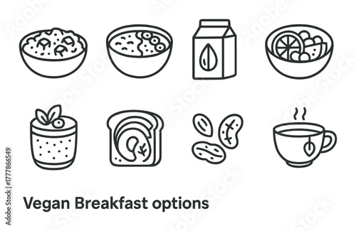Vegan breakfast options including cereal, juice, bread, and coffee icons