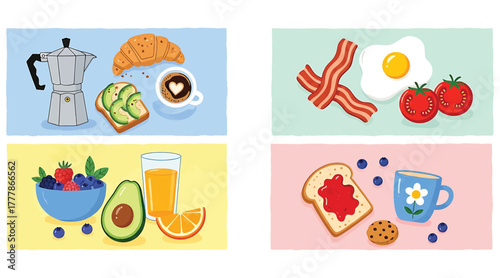 A vibrant breakfast collage featuring coffee, croissant, avocado toast, and a cup of coffee, alongside bacon, eggs, tomatoes, toast with jam, and a mug with a flower design
