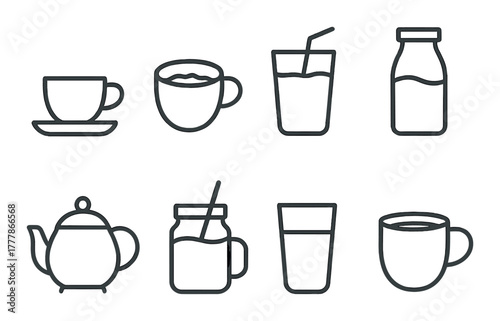 Monochrome beverage icons: cups, teapot, glasses, and milk bottle