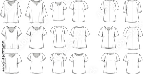Women's t-shirt technical fashion sketches collection, front and back flat drawings, vector apparel design templates for clothing, pattern, garment illustration