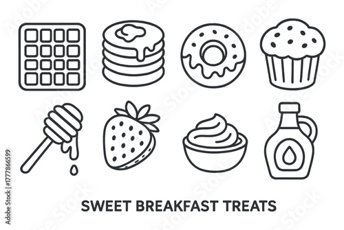 Outline icons of sweet breakfast treats: waffle, pancakes, donut, muffin, honey, strawberry, yogurt, syrup
