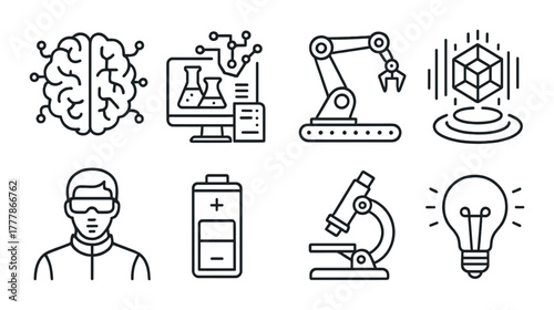Science and technology icons: brain, robotics, chemistry, virtual reality, energy, microscope, innovation
