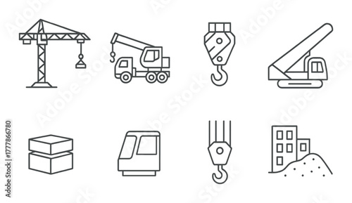 Industrial construction icons: cranes, machinery, and buildings on gradient background