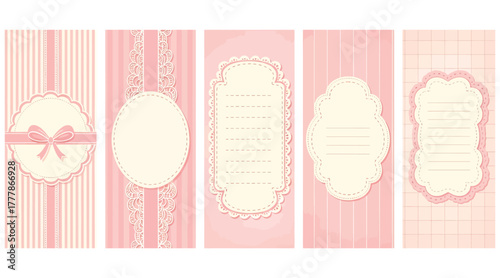 Elegant collection of pink cards with lace and ribbon details, featuring vintage designs and decorative frames, perfect for invitations and special occasions