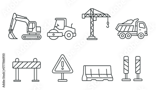 Construction equipment and signs: excavator, crane, dump truck, road barriers, traffic cones