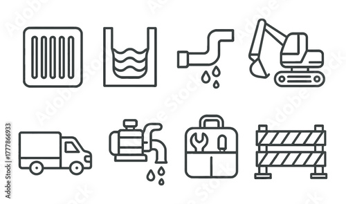 Construction and plumbing icon set featuring tools and equipment