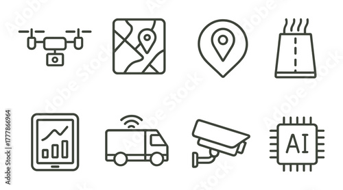 Smart technology icons: drone, gps, location, factory, analytics, truck, surveillance, ai chip