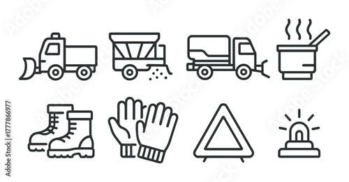 Winter safety icons: snow plow, gritting truck, soup, boots, gloves, triangle, light