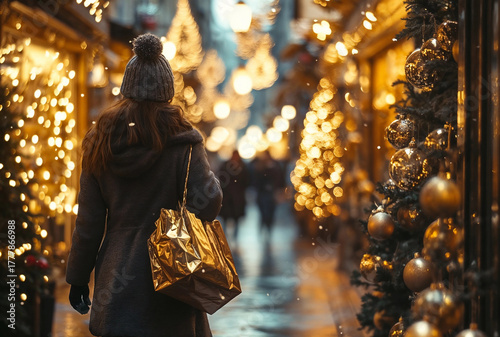 Woman shopping in a festive Christmas market with golden decorations and lights