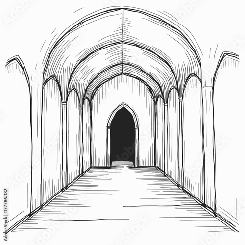 Sketch of an arched hallway leading to a dark doorway  