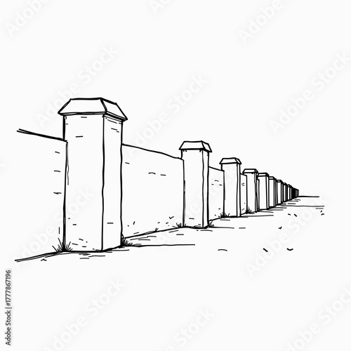 Simple sketch or outline of a fence or wall lined with pillars  