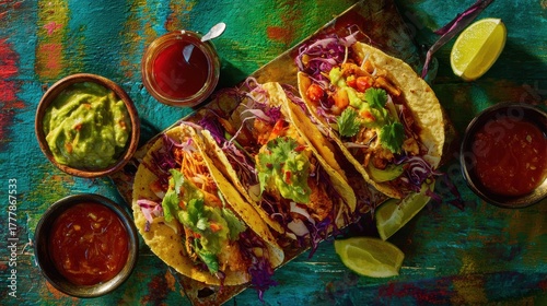 Street-style Mexican tacos, colorful table, guacamole, hot sauce, lime, rustic presentation, vibrant colors, natural sunlight, menu photography, commercial use.