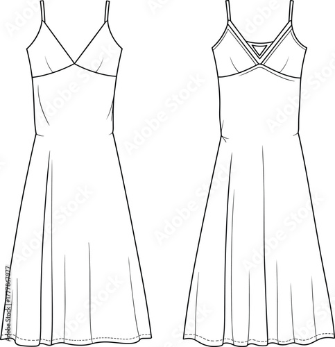 Sleeveless dress fashion sketch, technical flat drawing, front and back view, spaghetti strap, V-neckline, A-line silhouette, garment design