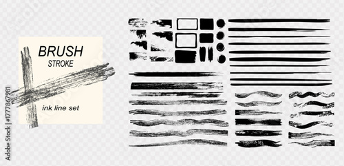 Vector set of black japanese calligraphy brushstrokes and grunge paint line textures with sketchy rectangle text boxes on transparent background.