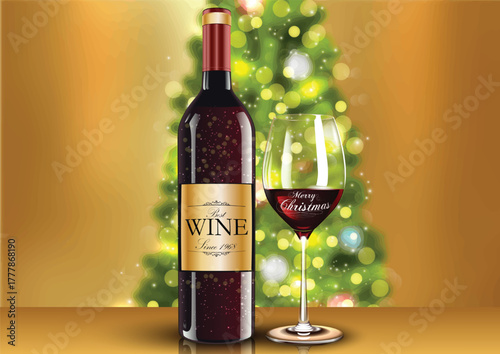 Elegant Wine Bottle and Glass with Christmas Tree Lights — Festive Holiday Celebration Scene for Seasonal Greeting Cards, Party Invitations, and Winter Decoration Design