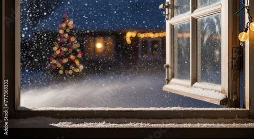 Noite de Inverno: Um Momento Aconchegante à Beira da Janela com Neve e Luzes de Natal