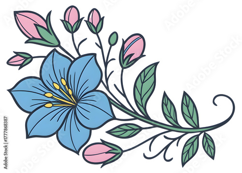 Blue flower with pink buds and green leaves isolated on transparent background