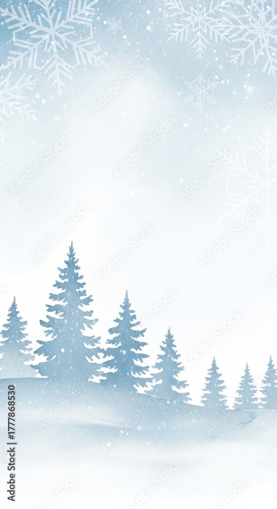 Obraz premium Snowy winter landscape with tall pine trees and gentle snowfall creating a serene atmosphere at dusk