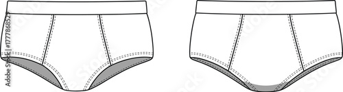 Men’s briefs front view, technical underwear sketch, fashion flat, garment design, padded crotch, inner thigh detail, white base, seams
