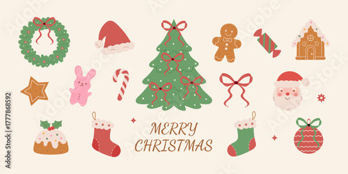 Set of Christmas hand-drawn decorations.Christmas tree, toys, bows, stars, candies, gingerbread, socks, pudding, wreath,Santa,Santa's hat. Perfect for scrapbooking, greeting cards, party invitations.