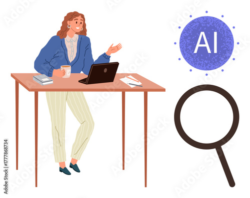 Young woman talks while working at a desk with a laptop and coffee, accompanied by AI and magnifying glass icons. Ideal for teamwork, technology, communication, AI learning, research, innovation