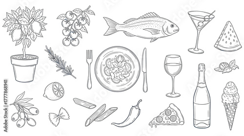 Detailed culinary illustration isolated on white background, showcasing a variety of food and drink elements, perfect for menus, recipes, and gastronomic designs
