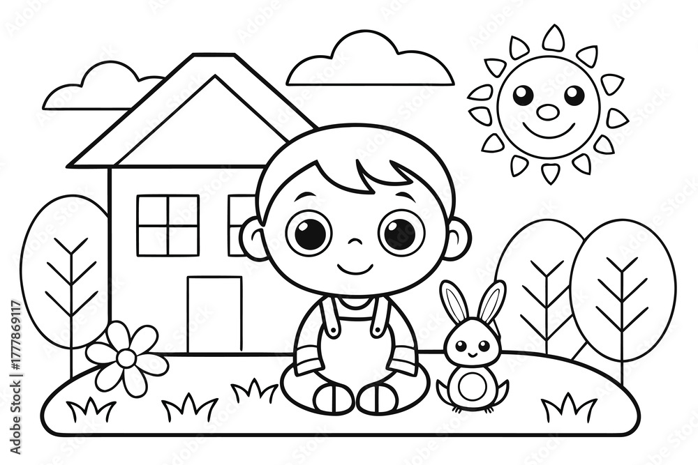 Fototapeta premium black and white illustration for children. It depicts a cartoon child sitting in a grassy yard with a smiling sun and fluffy clouds in the sky.