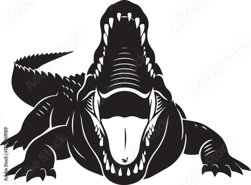 Fierce alligator silhouette ready to bite open mouth detailed reptile graphic