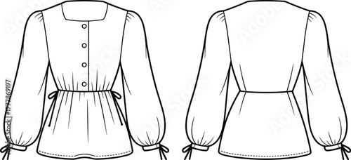 Women's blouse fashion sketch, technical flat drawing, puff sleeve top, square neckline, ribbon cuff, button front, garment design template
