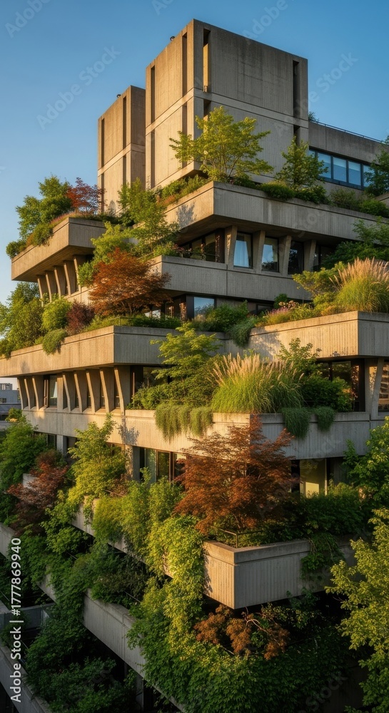 Obraz premium Modern architectural design featuring terraced greenery in an urban setting during golden hour