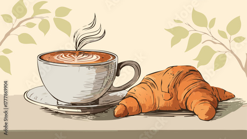 Coffee latte and croissant on table