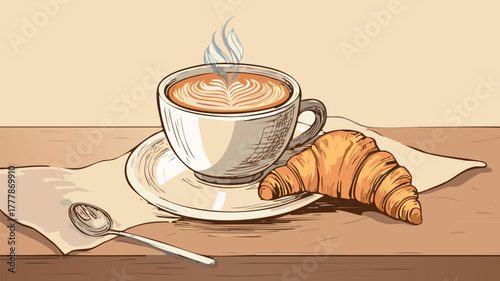 Coffee cup with latte art and croissant on table