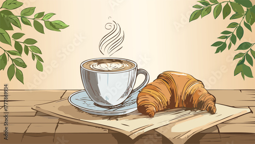 Coffee cup and croissant on wooden table