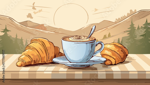 Coffee and croissants enjoying morning mountain landscape