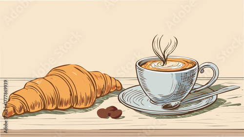 Croissant and steaming coffee cup breakfast