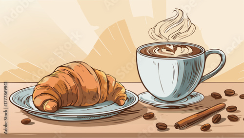 Croissant and steaming coffee with latte art breakfast