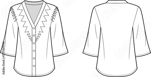 Women's blouse fashion sketch, technical garment drawing, V-neck top illustration, zigzag trim, button-down shirt, three-quarter sleeve, front back view