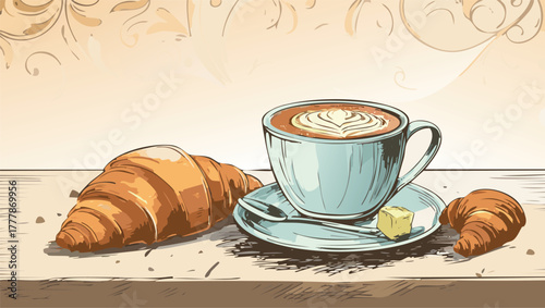 Coffee cup and croissants for breakfast concept