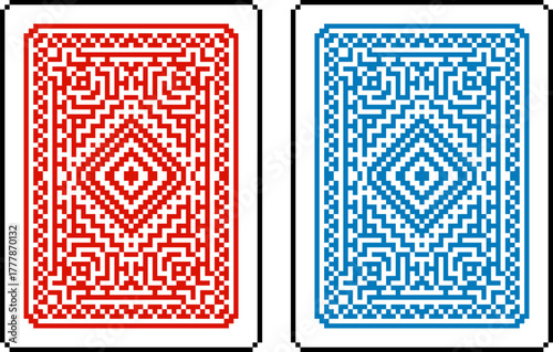 A pixel art style playing card reverse back design. An original design. Each card 55 squares wide by 74 tall.