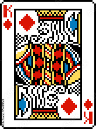 A pixel art playing cards deck design, king of diamonds. An original design, each card 55 squares wide by 74 tall.
