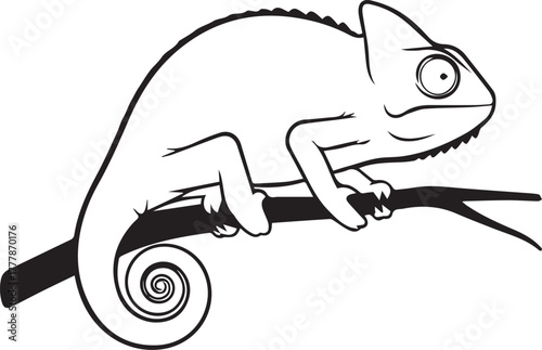 Charming chameleon silhouette clinging to a branch with swirling tail detailed outline