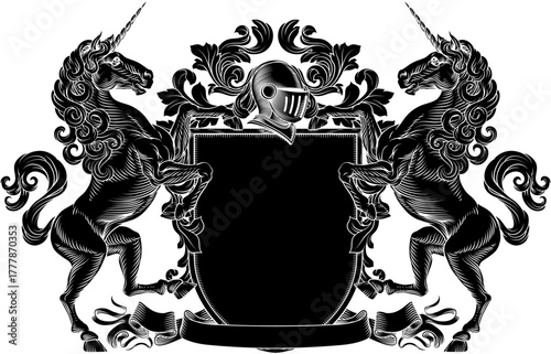 Unicorns coat of arms or crest family heraldry medieval heraldic knight shield with helmet and acanthus filigree scroll ornament in a vintage woodcut style.