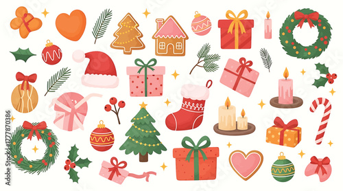 Festive christmas cheer a delightful assortment of holiday icons, including gingerbread treats, gifts, wreaths, and ornaments, all set against a clean white backdrop
