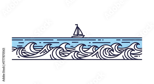 Ocean waves and sailboat illustration for sea travel and nautical theme