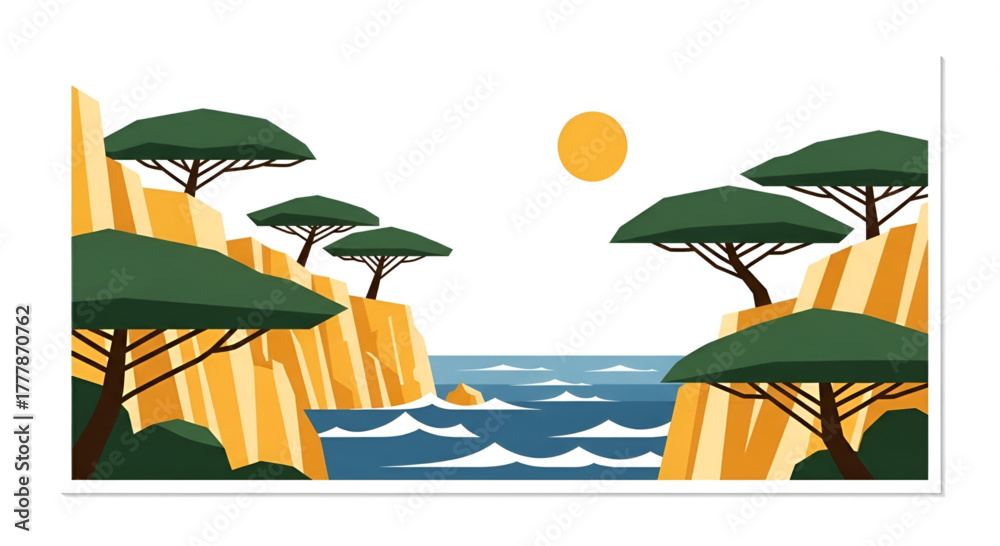 Obraz premium Coastal landscape illustration with trees cliffs and ocean scenery art