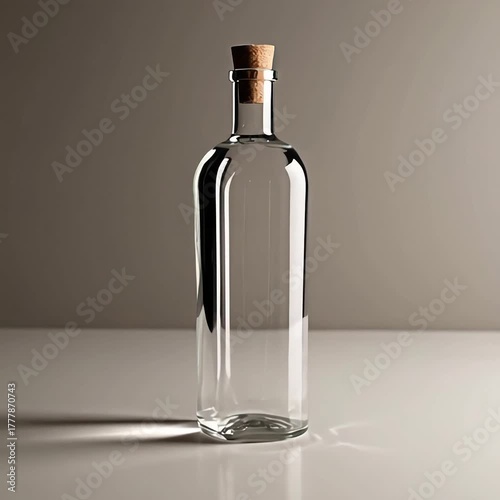 A clear glass bottle with a cork stopper on a white surface, creating a minimalist aesthetic